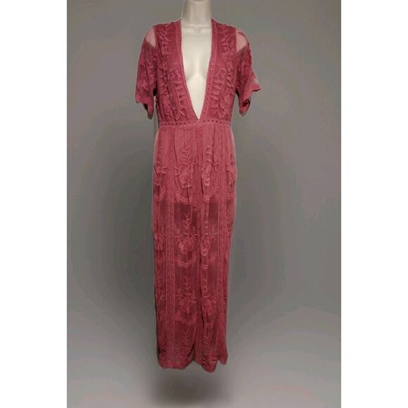 Honey Punch Womens Maxi Dress Sz Med Dusty Rose Low V-Neck Lace Embroidery Boho - Picture 1 of 11